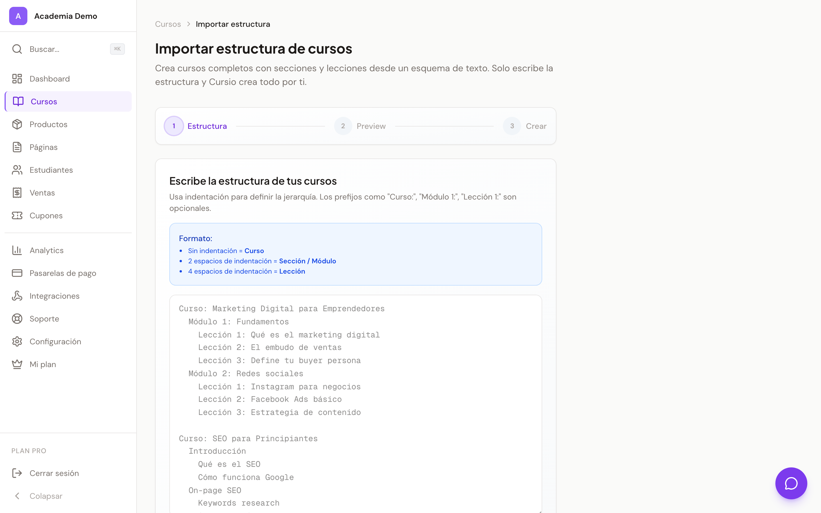 Panel de contenido de un curso en Cursio