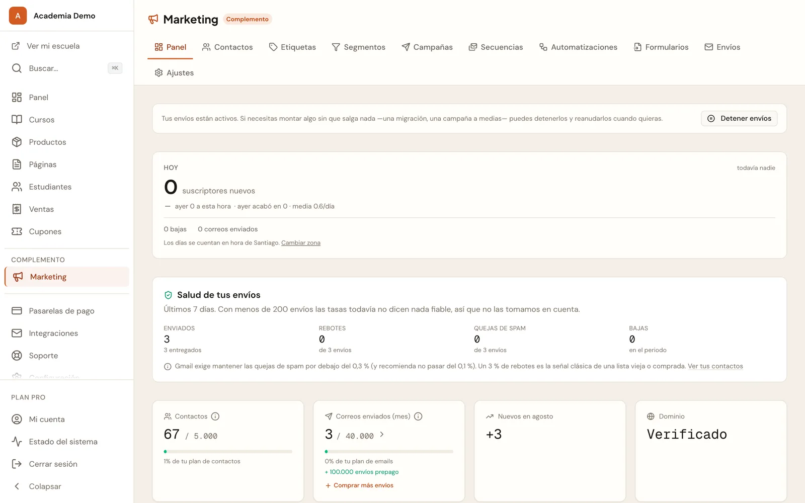 Tu audiencia — Contactos, envíos del mes y la salud de tu reputación, con los umbrales de Gmail al lado para saber si vas bien.