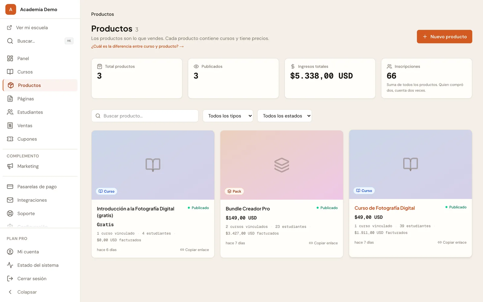 Tus productos — Lo que vendes, con su precio, sus cursos y lo que lleva facturado cada uno. Cursos sueltos, packs o suscripciones.